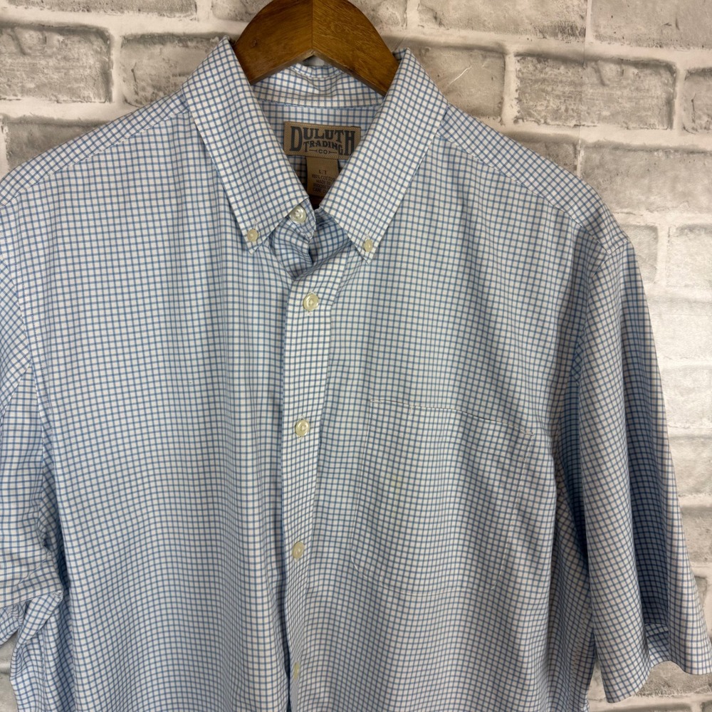 Duluth Trading Co Mens Large Tall LT Blue White Check Short Sleeve Button Shirt